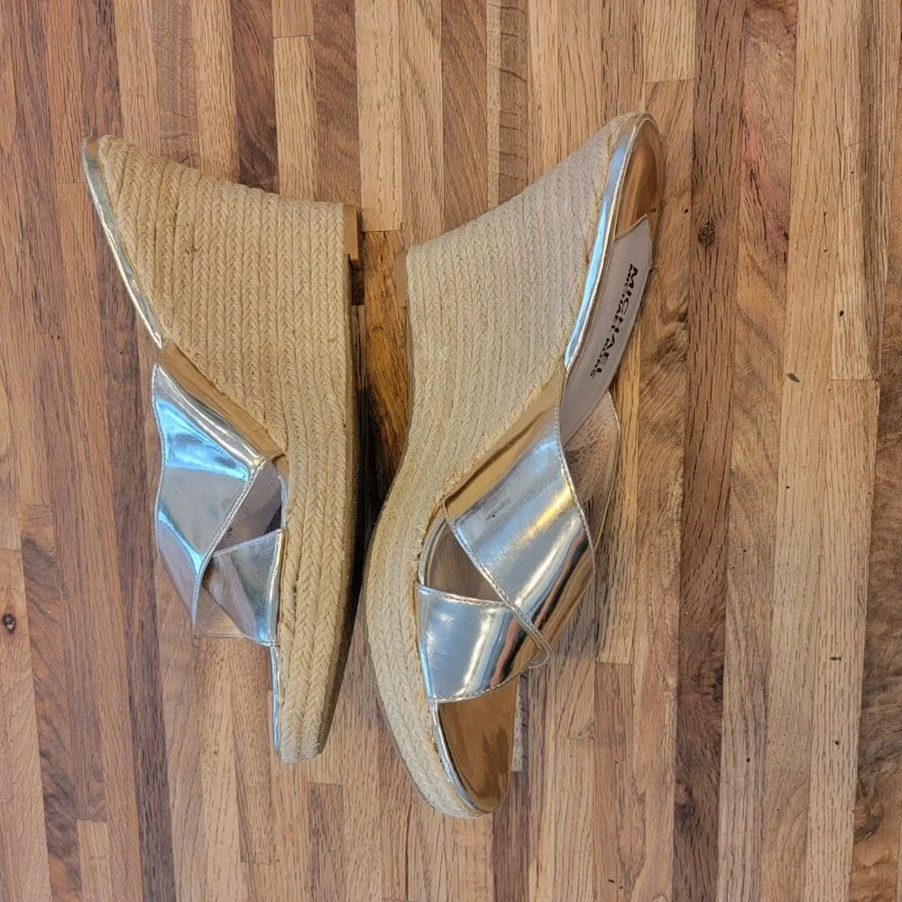 Michael Kors MK Logo Silver Espadrilles Wide Criss cross Strap 4